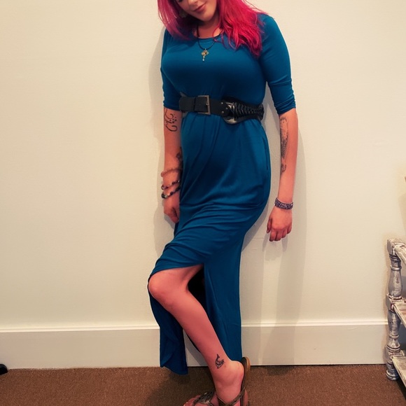 TEAL BLUE 3/4 sleeve maxi dress with pockets M L XL - Picture 3 of 7